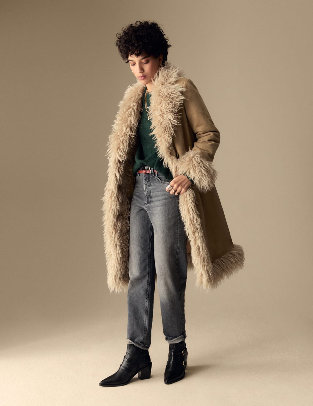 Rust faux fur longline coat discount