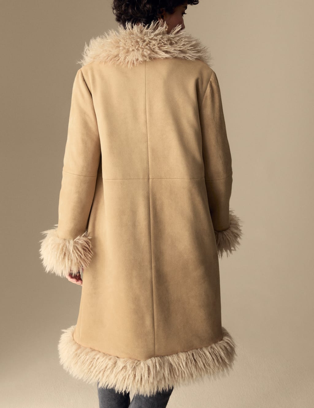 Suedette Faux Fur Trim Longline Coat Per Una M S