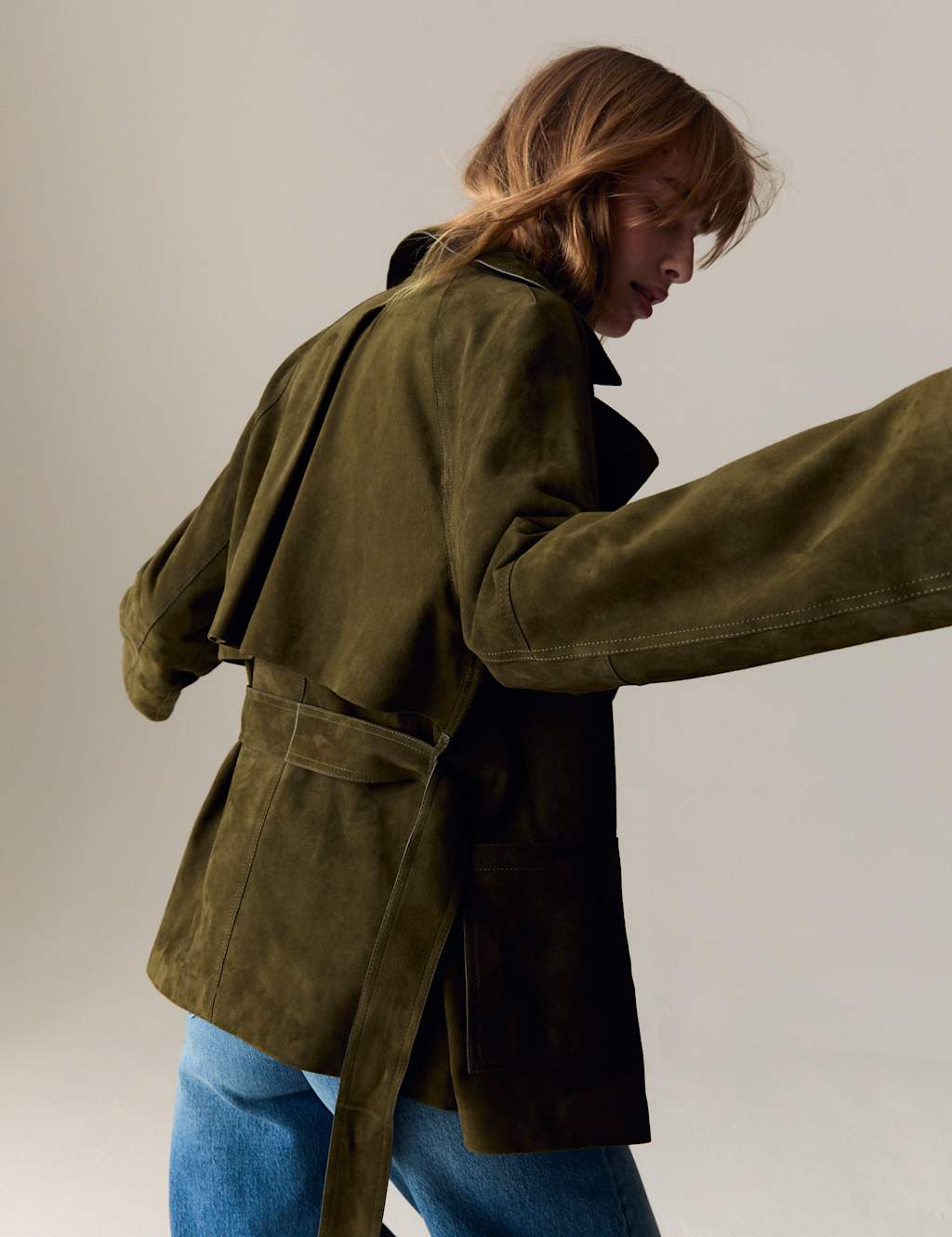 Suede Belted Revere Collar Trench Coat 4 of 5