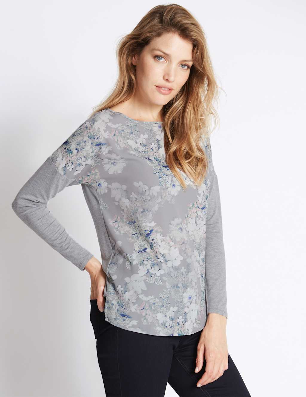 Hydrangea Print Long Sleeve Jersey Top 1 of 3