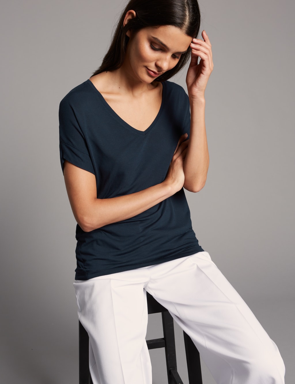 V-Neck Short Sleeve T-Shirt with Silk 1 of 4