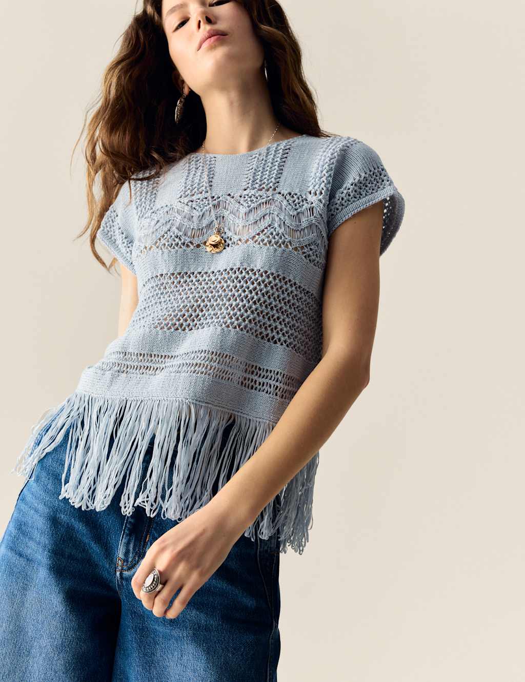 Cotton Rich Crew Neck Fringe Oversized Jumper 3 of 6