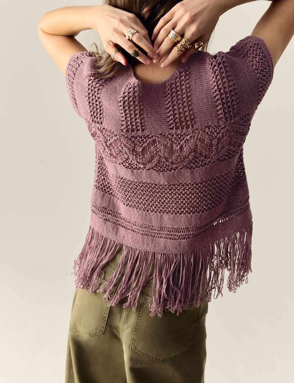 Cotton Rich Crew Neck Fringe Oversized Jumper 4 of 7