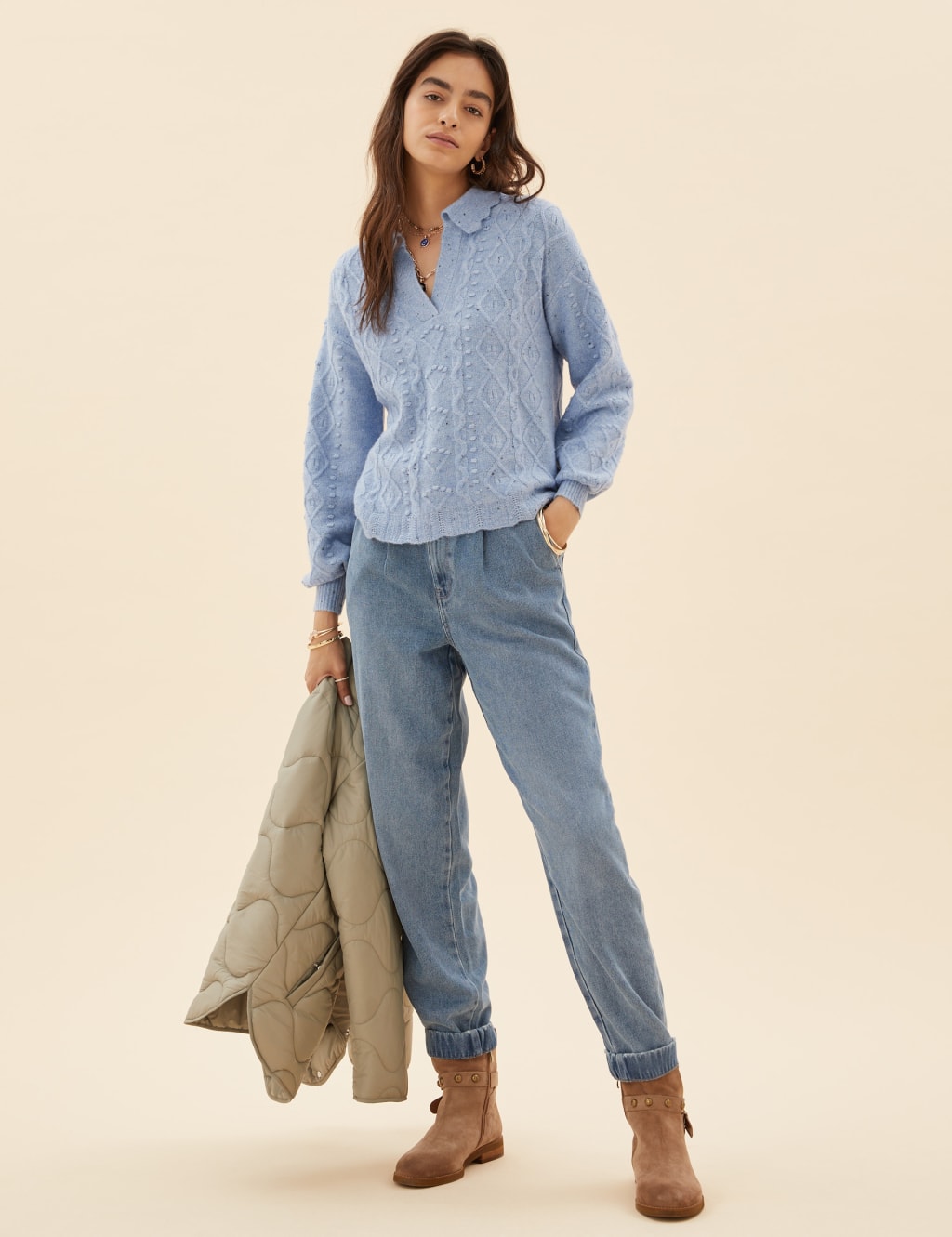 Cable Knit Collared Scallop Edge Jumper Per Una M S