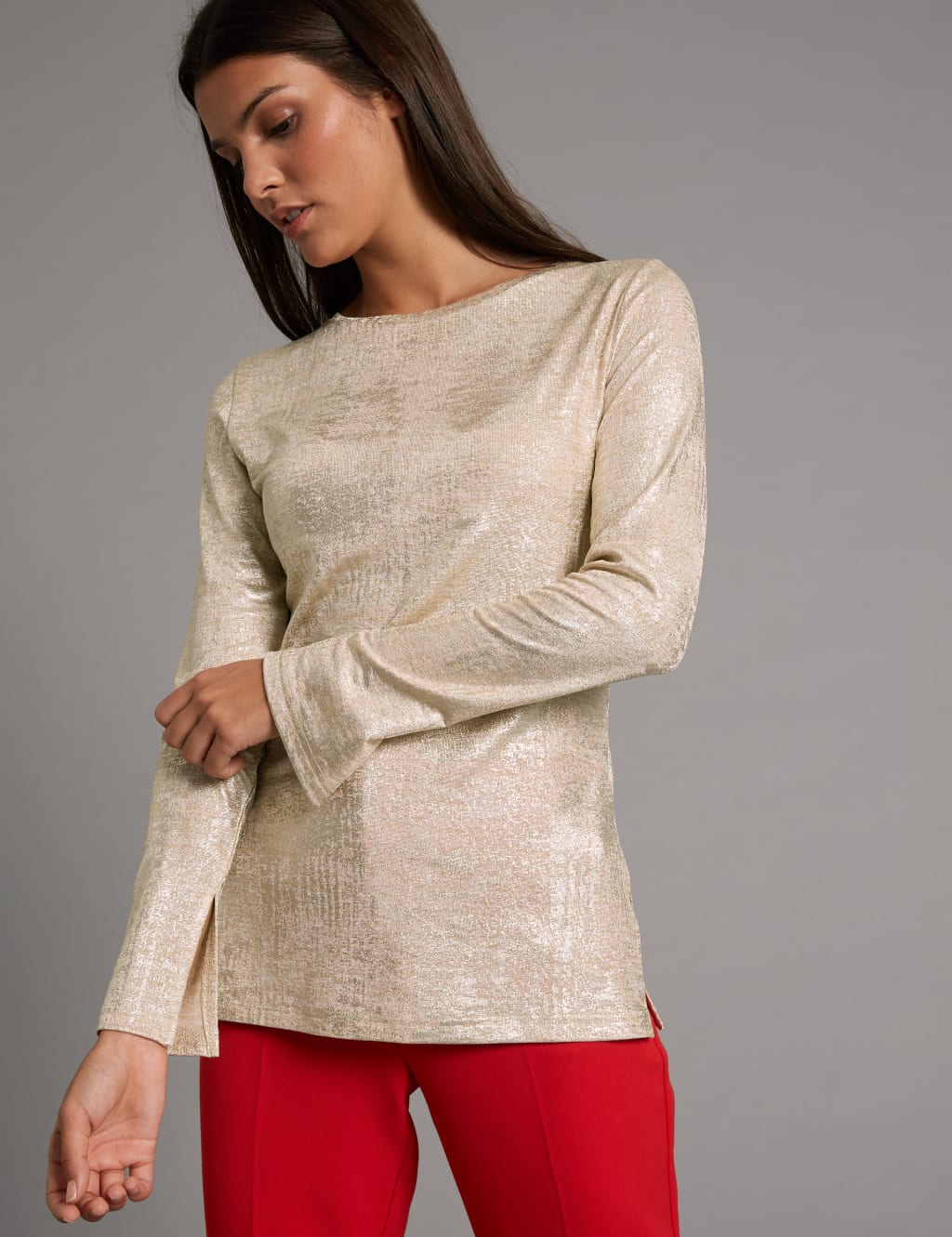 Metallic Round Neck Long Sleeve T-Shirt 1 of 5