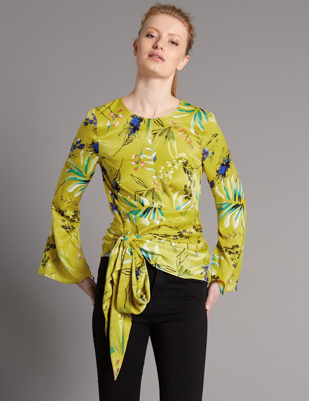 Printed Wrap Round Neck Long Sleeve Blouse 1 of 5