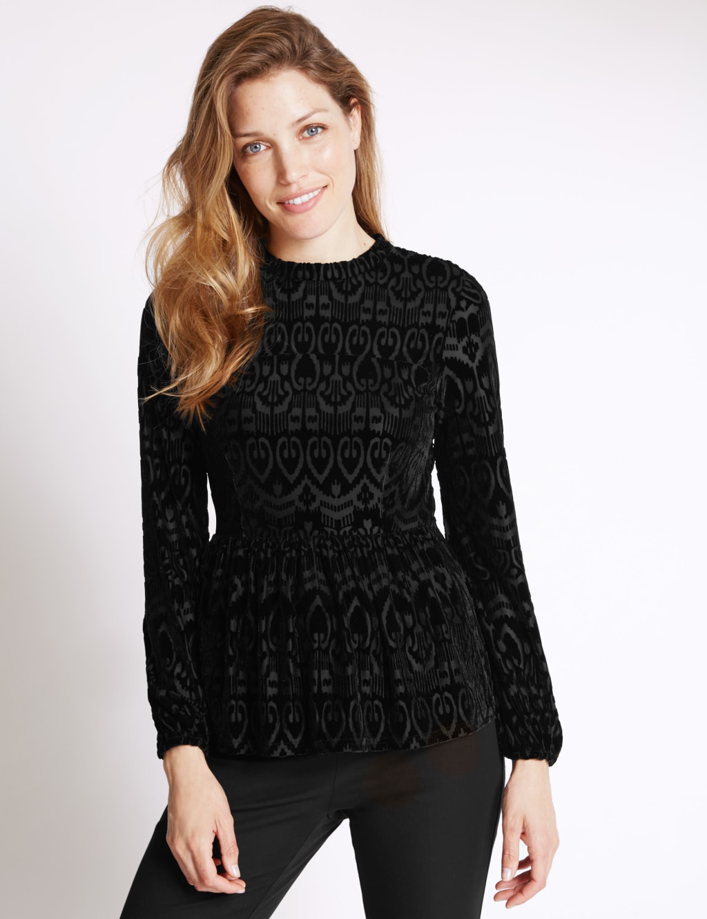 Devore Peplum Long Sleeve Top 1 of 3