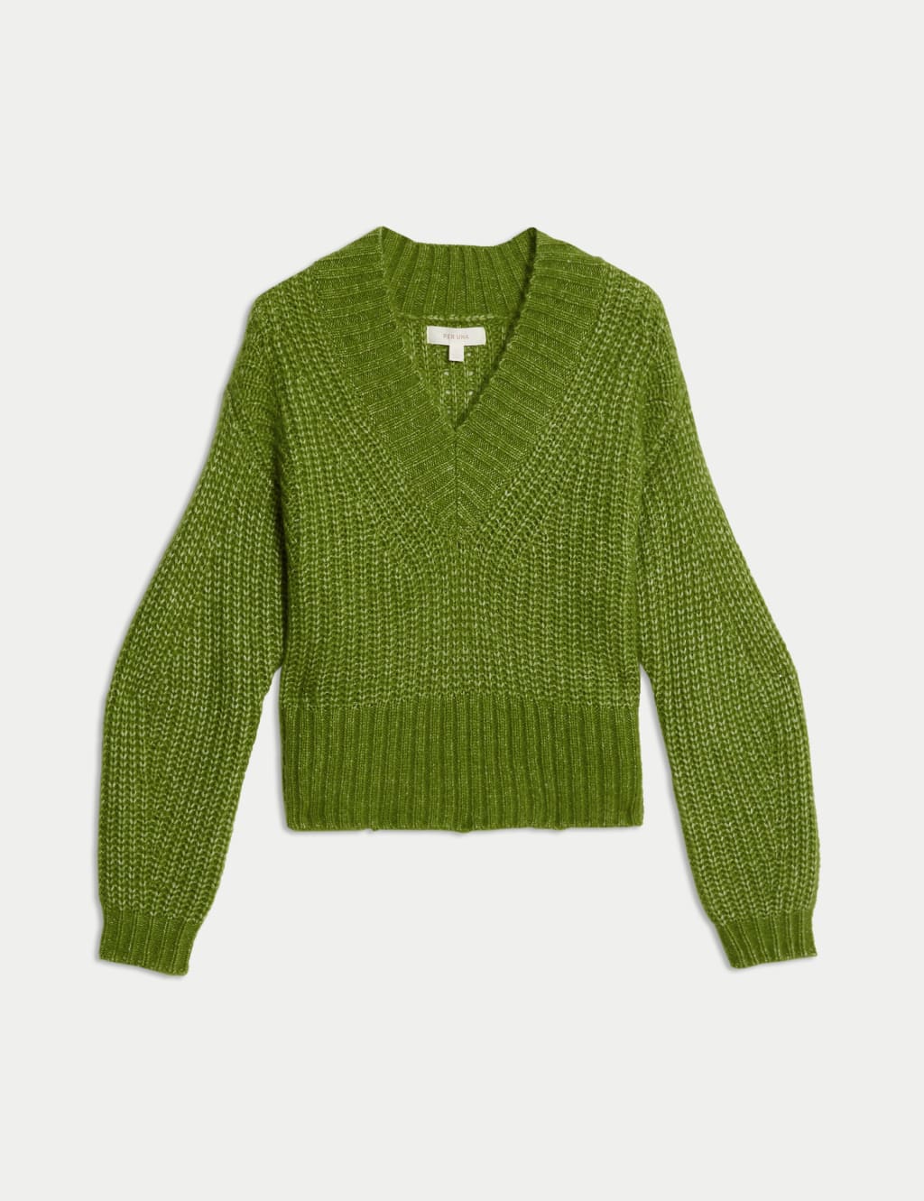 Ribbed V-Neck Puff Sleeve Jumper with Wool 2 of 7