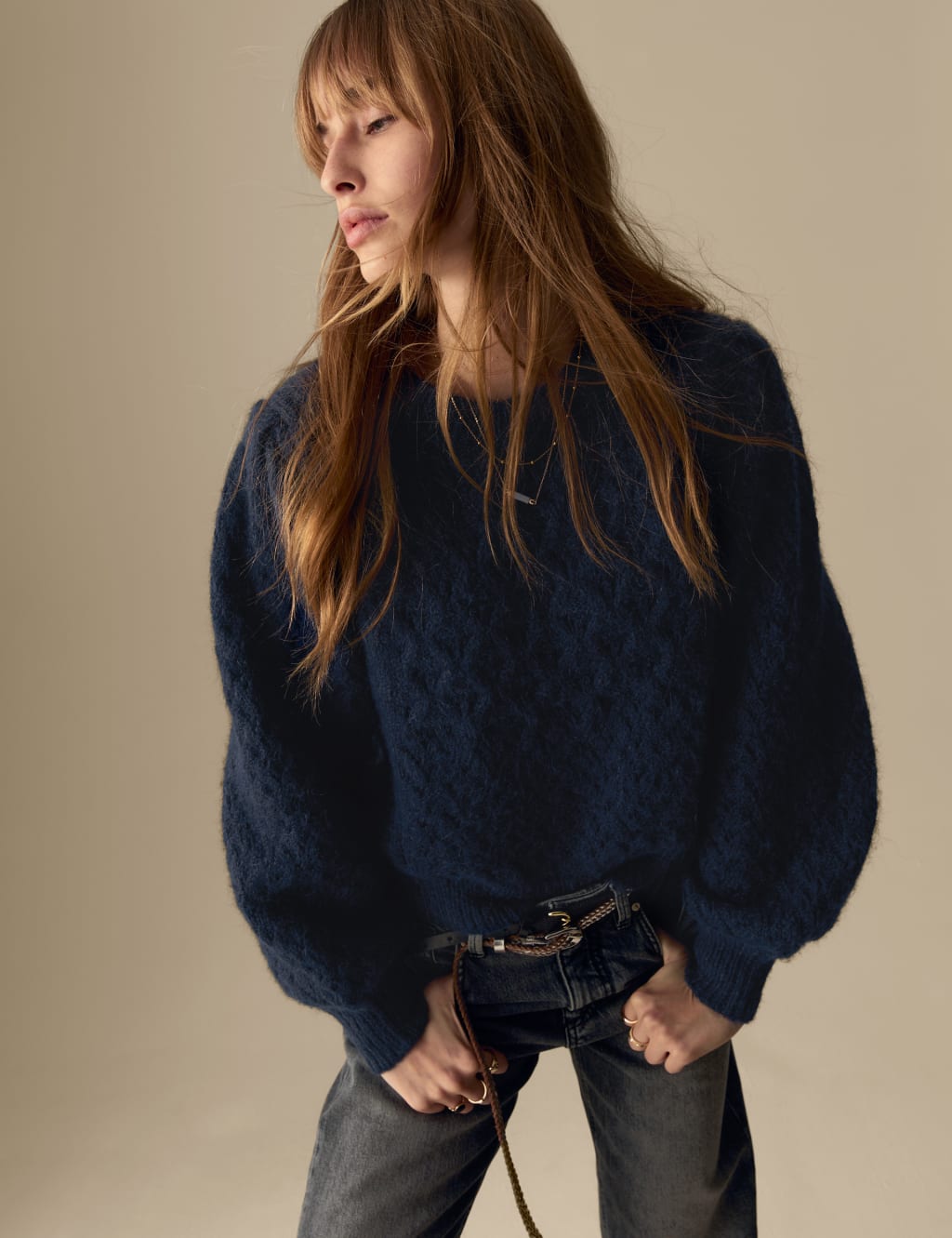 Cable Knit Puff Sleeve Jumper with Alpaca