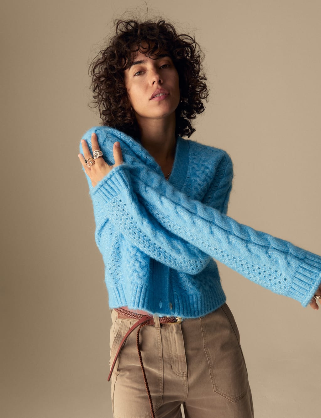 Pointelle V Neck Cardigan with Wool