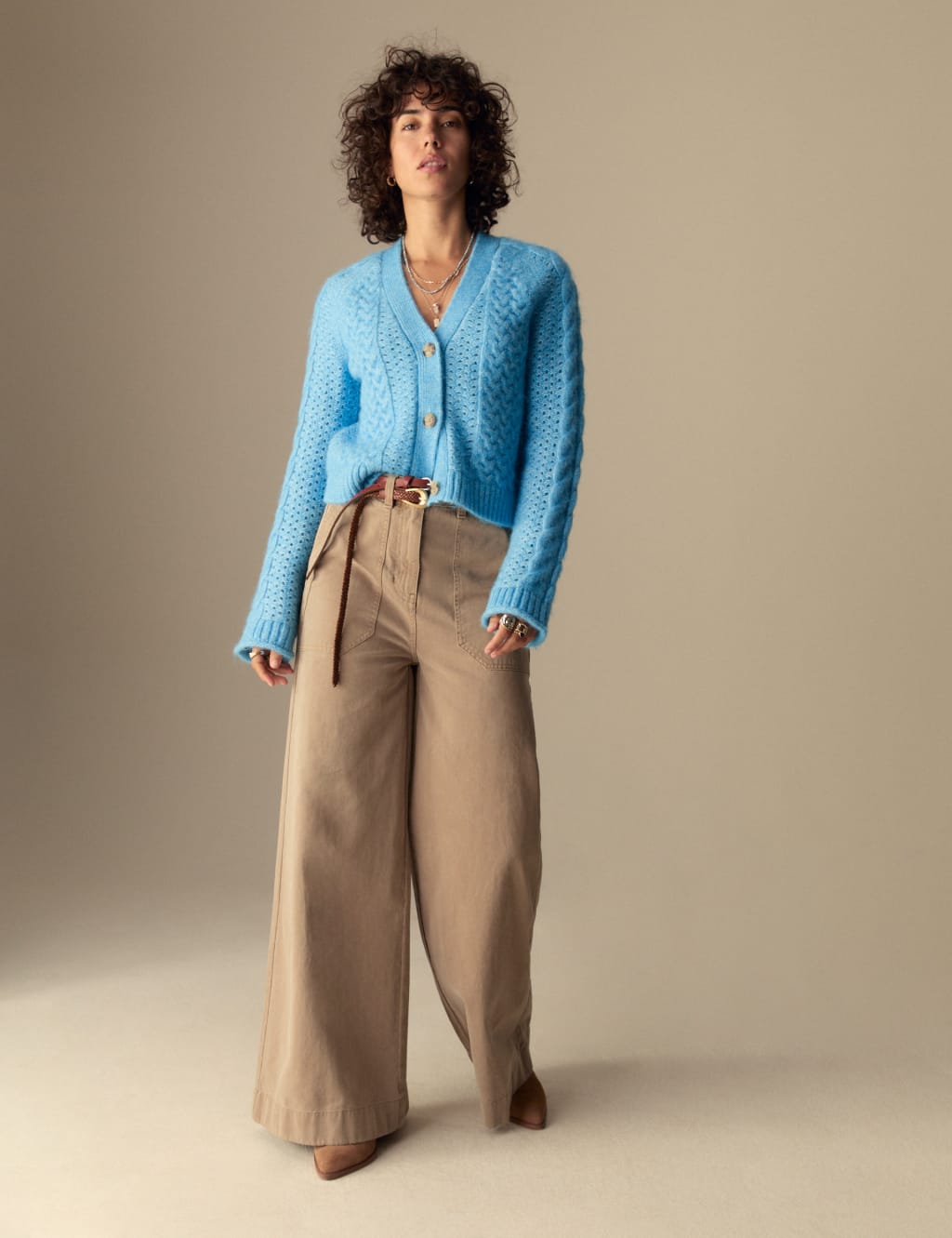 Pointelle V Neck Cardigan with Wool