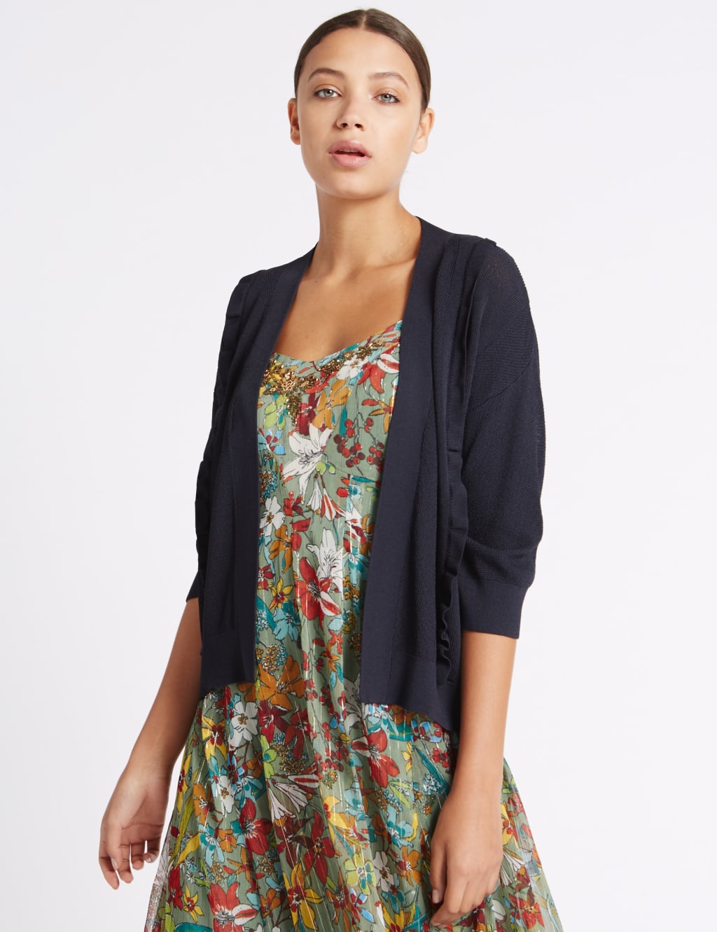 Textured Stitch Frill 3 4 Sleeve Cardigan Per Una M S