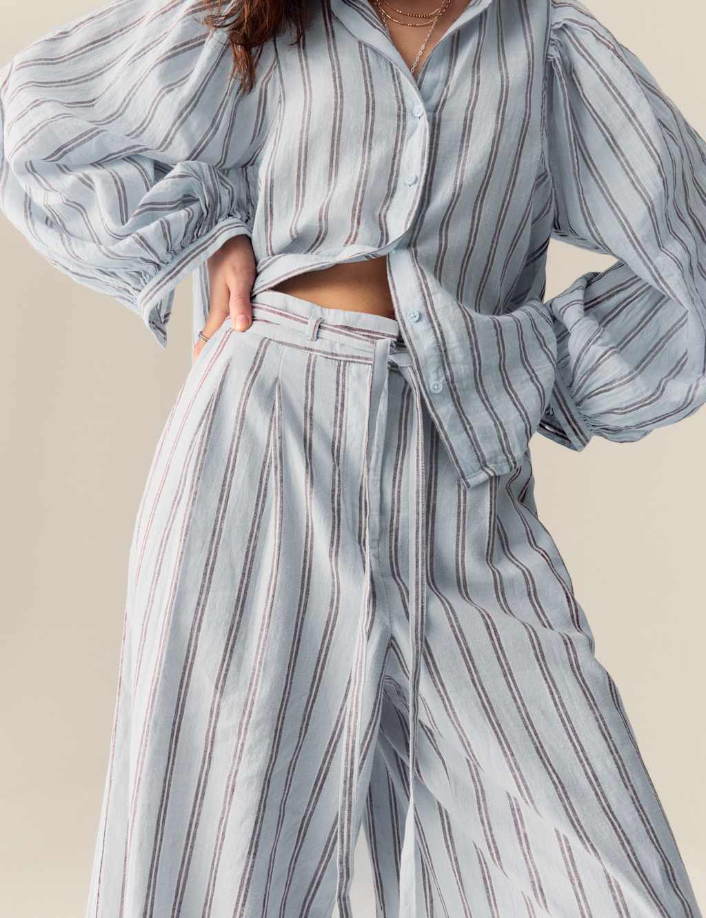 Linen Blend Striped Drawstring Wide Leg Trousers 4 of 4