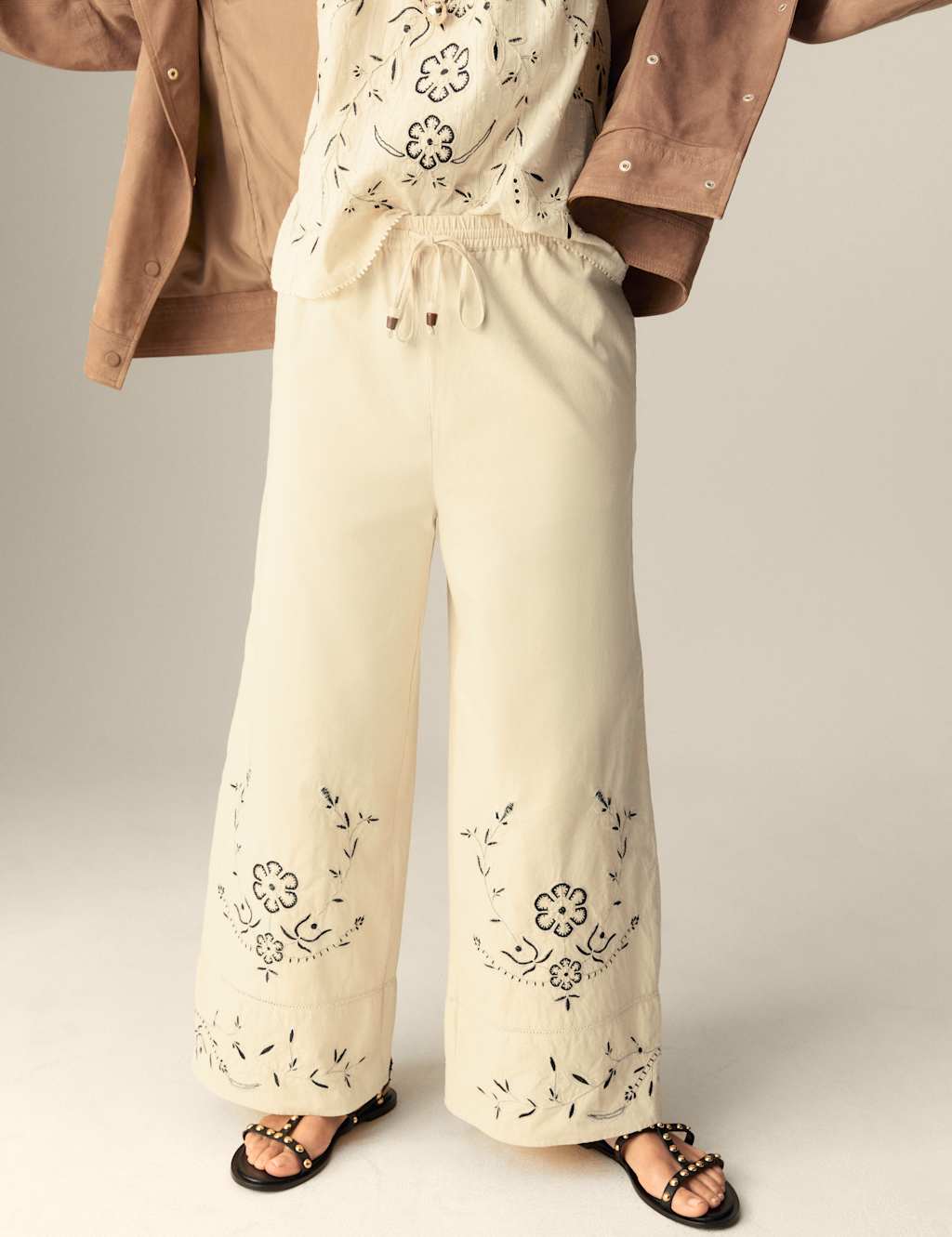 Pure Cotton Embroidered Drawstring Wide Leg Trousers 3 of 5