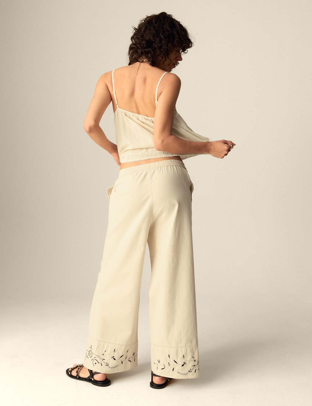 Pure Cotton Embroidered Drawstring Wide Leg Trousers 5 of 5