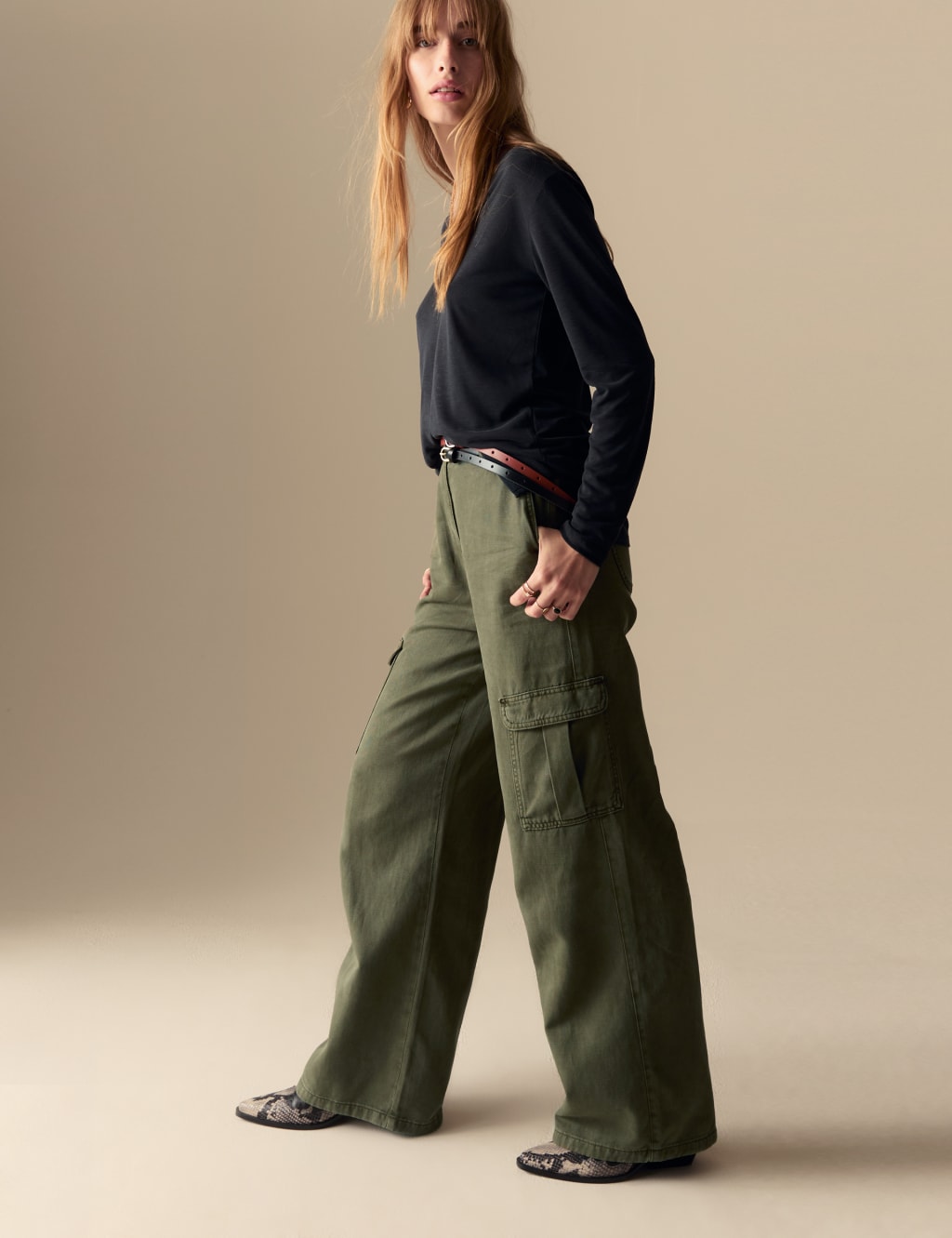 Cotton Blend Relaxed Wide Leg Trousers Per Una M S