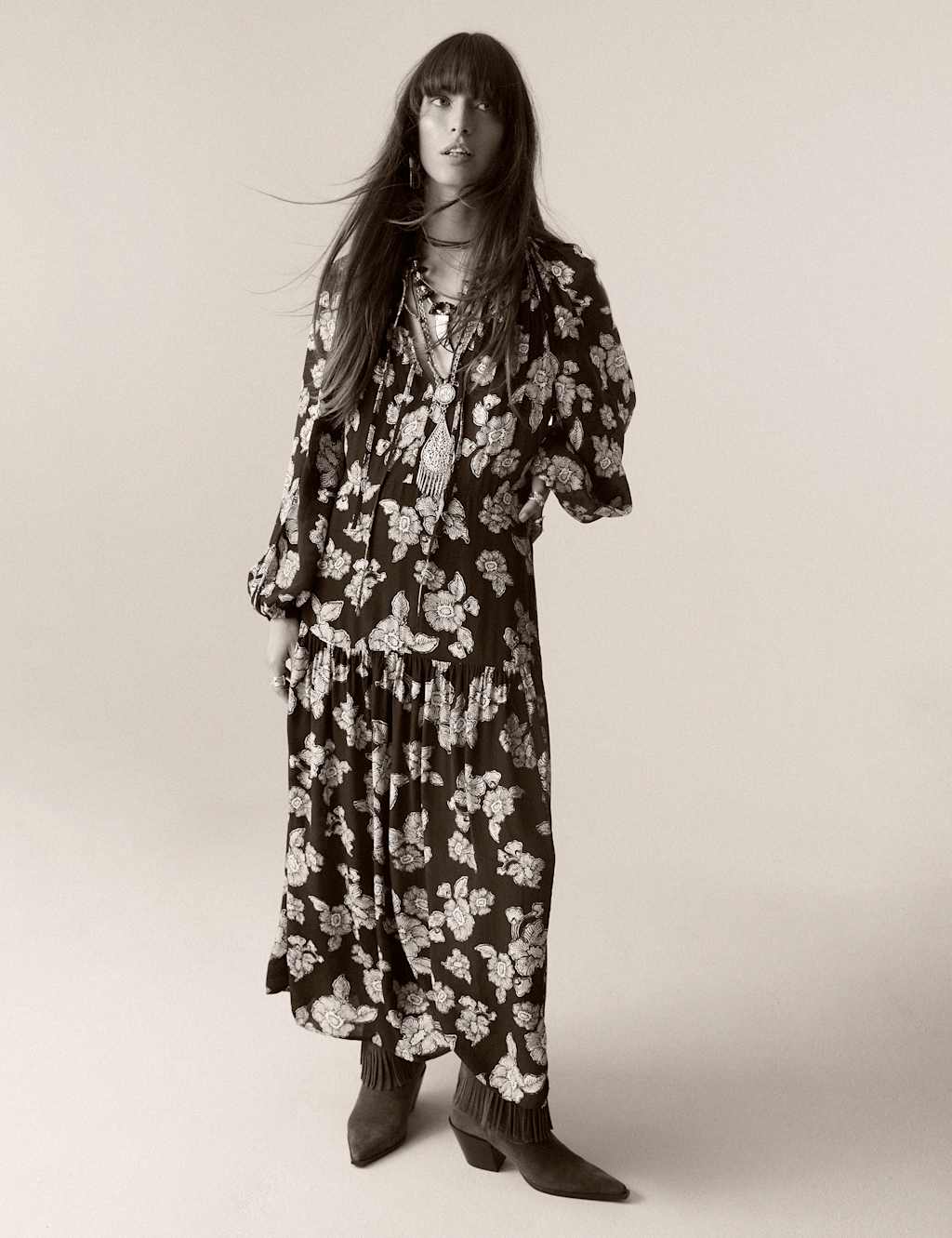 Crepe Floral Tie Neck Midaxi Waisted Dress 4 of 6
