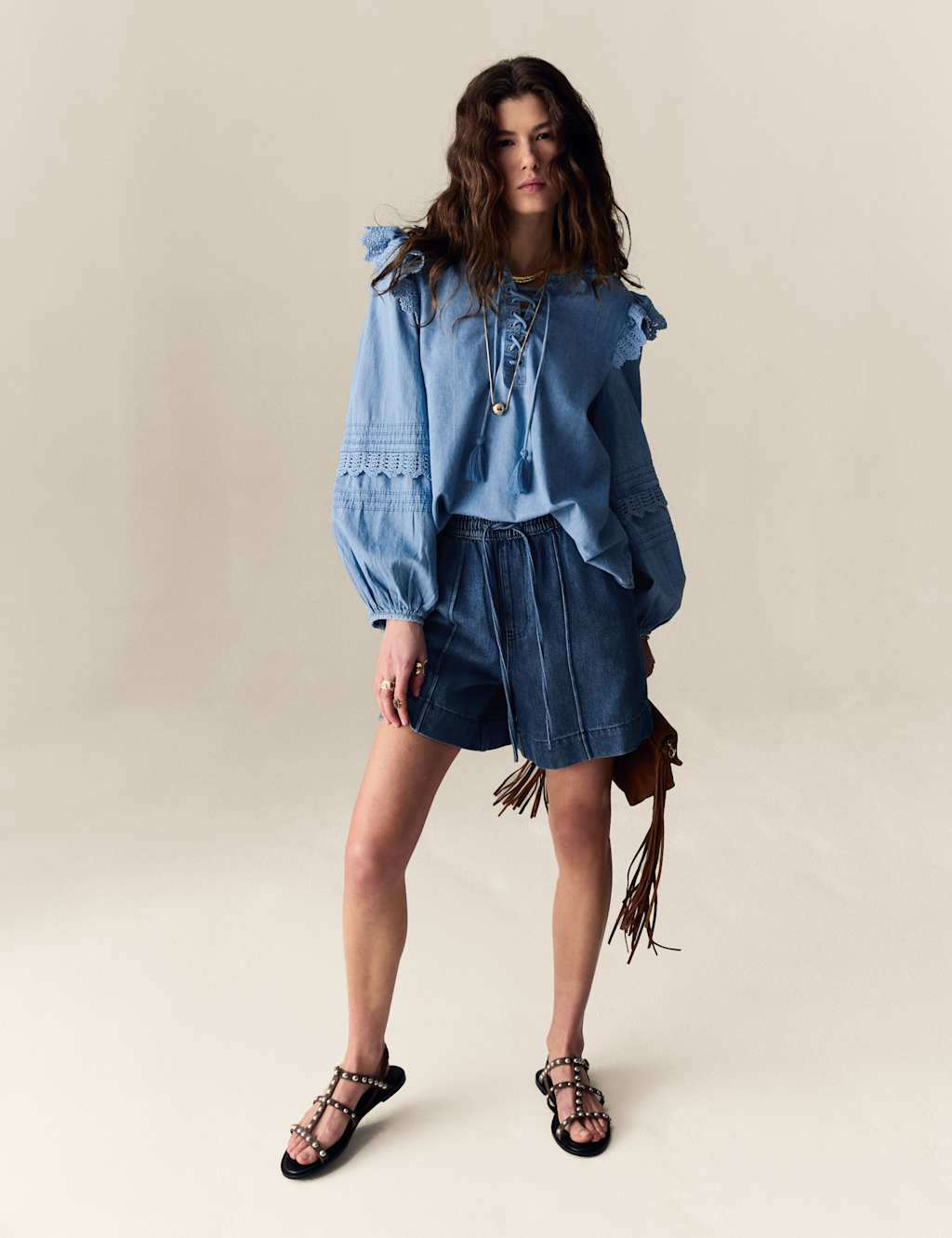 Denim High Waisted Seam Detail Shorts 4 of 6