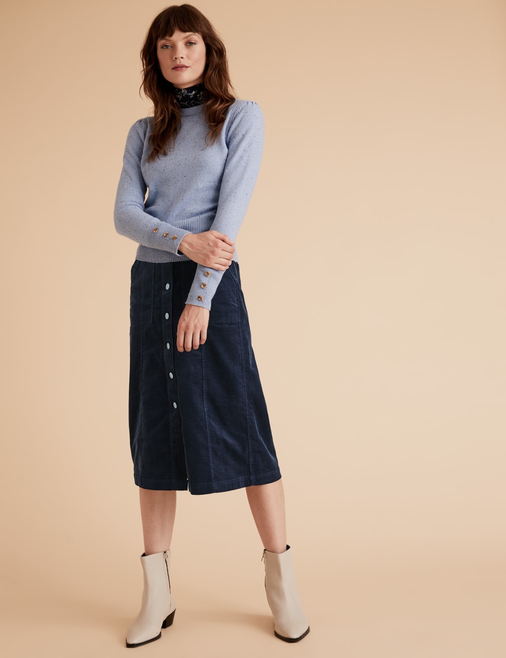 Corduroy Button Front Midi A-Line Skirt 1 of 6