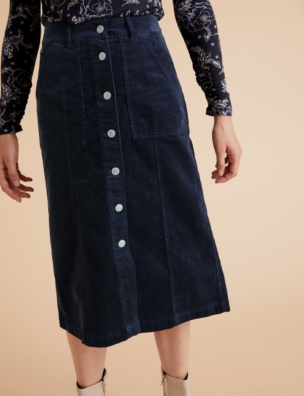 Corduroy Button Front Midi A-Line Skirt 3 of 6