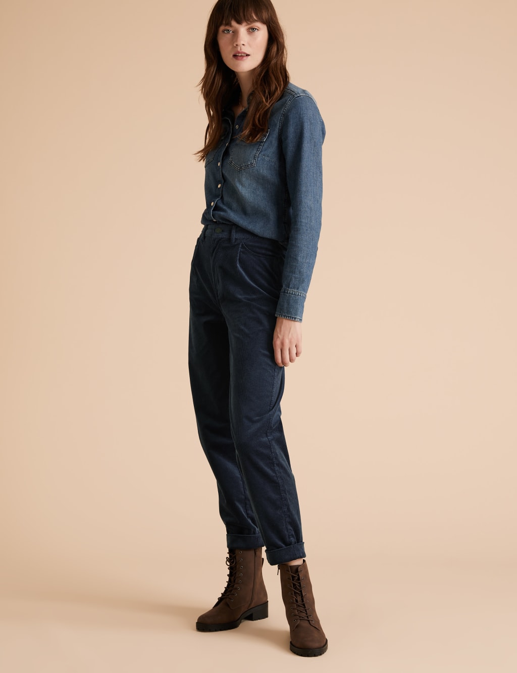 Cotton Rich Corduroy Ankle Grazer Trousers Per Una M S