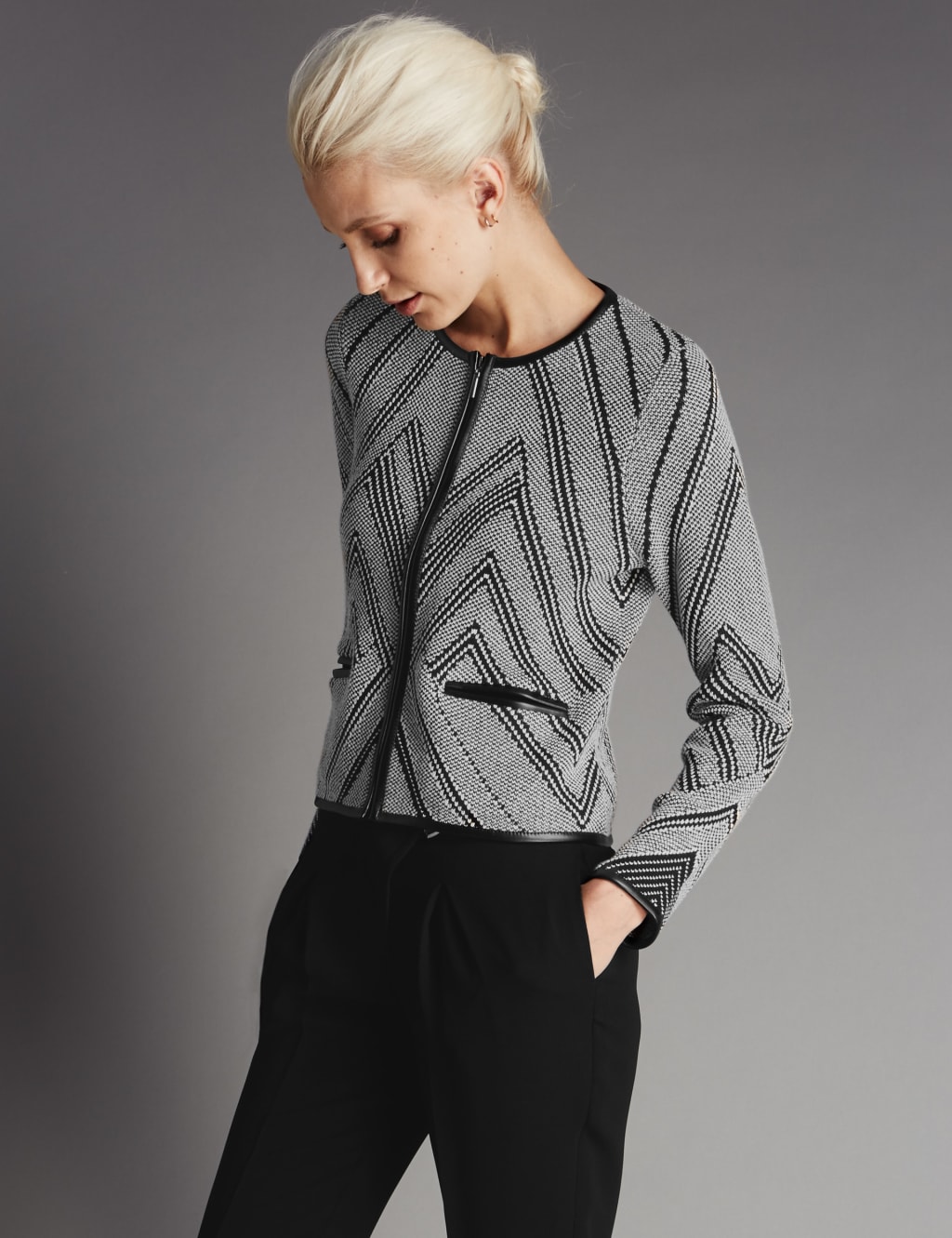 Faux Leather Trim Graphic Knitted Jacket 1 of 3