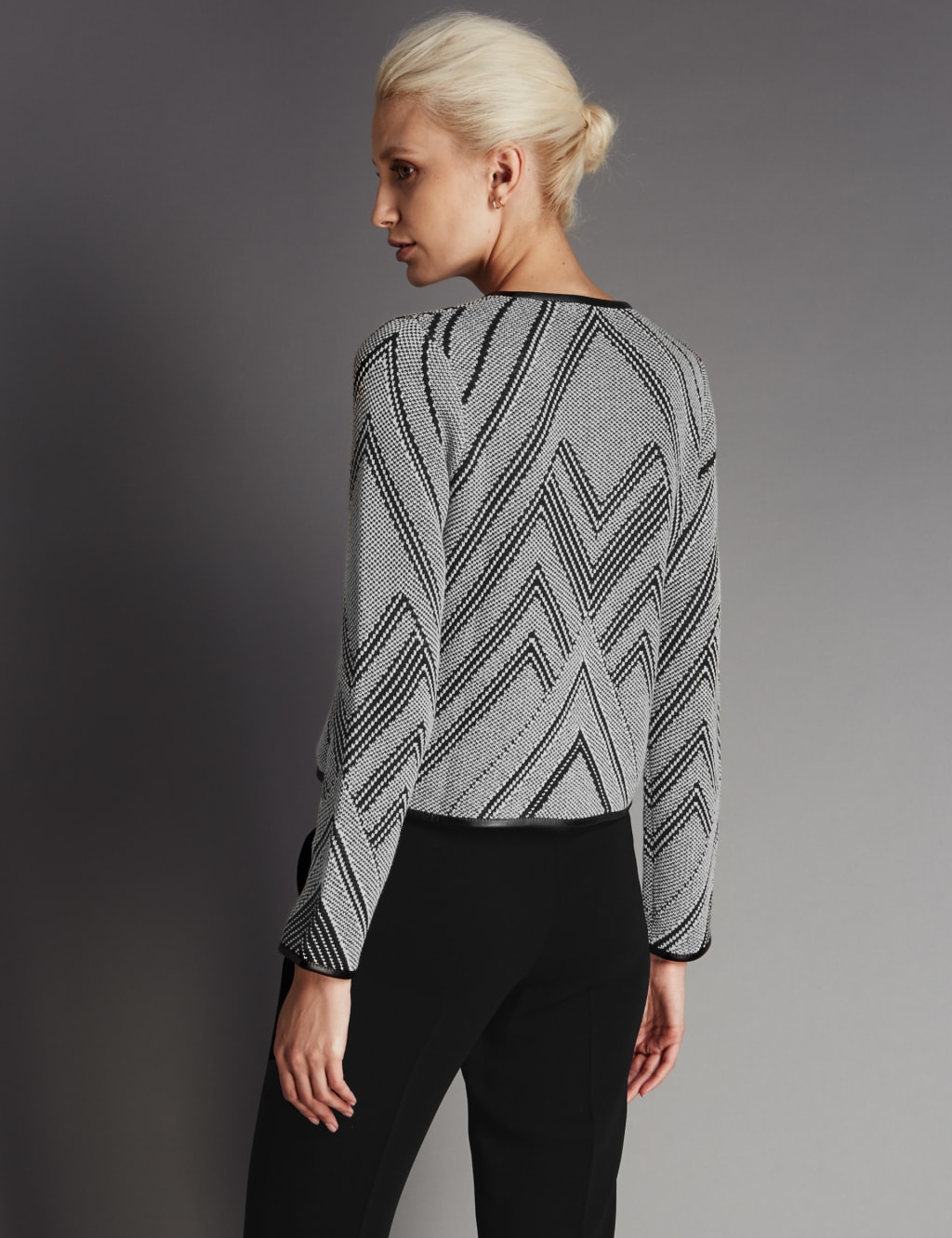 Faux Leather Trim Graphic Knitted Jacket 3 of 3