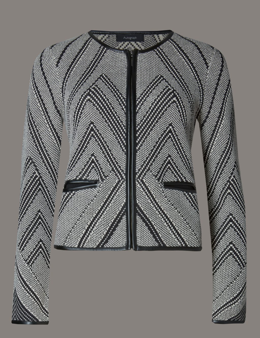 Faux Leather Trim Graphic Knitted Jacket 2 of 3