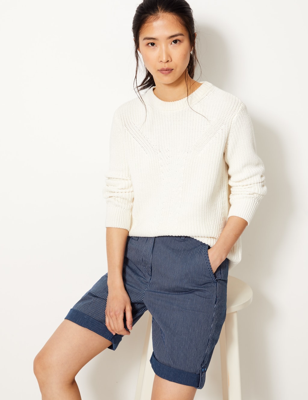 Cotton Rich Striped Longer Casual Shorts M S Collection M S