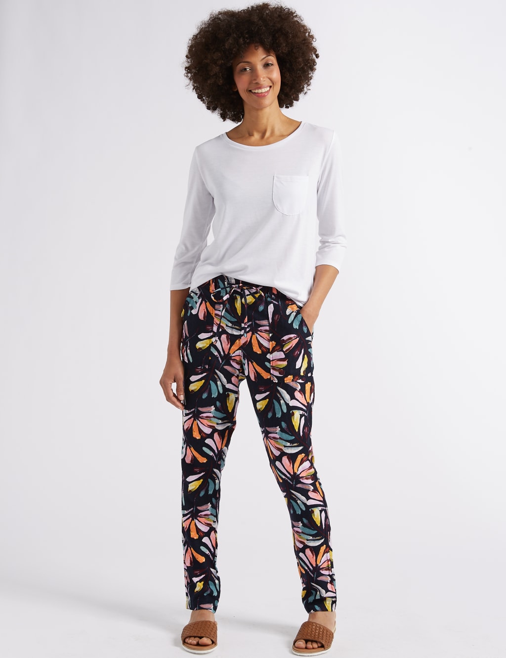 Linen Rich Floral Print Tapered Leg Trousers 1 of 6