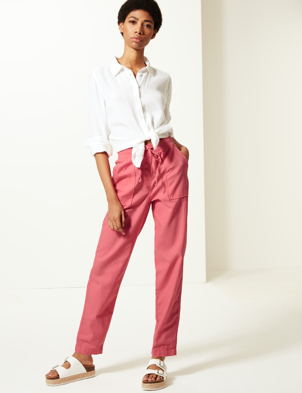 Linen Blend Tapered Leg Peg Trousers M S Collection M S