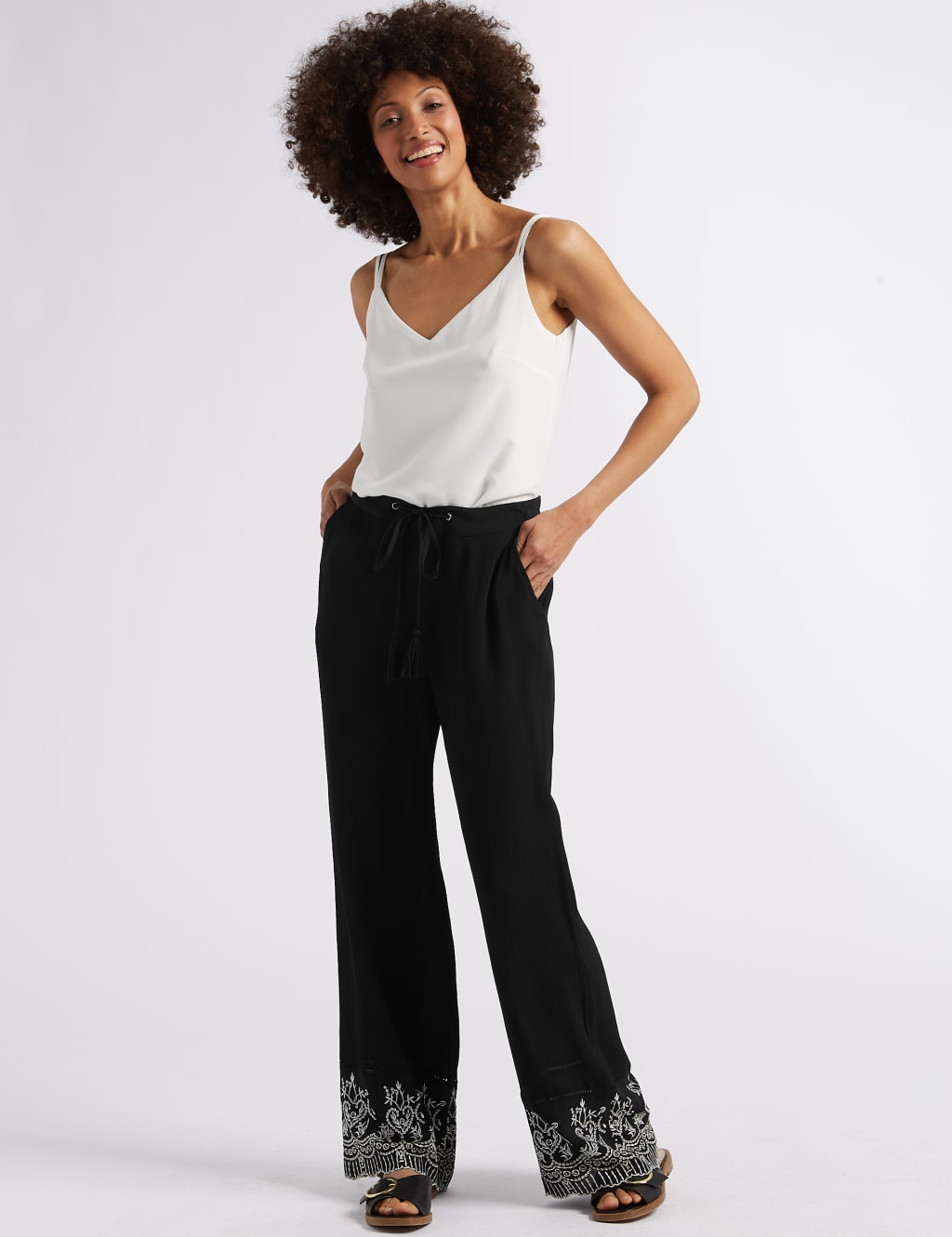 Embroidered Hem Wide Leg Flared Trousers 1 of 6