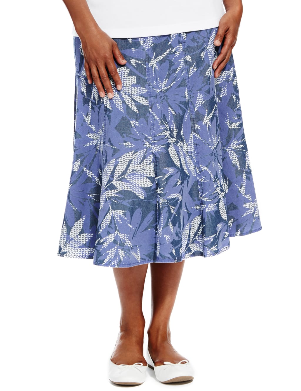 Leaf Print Calf Length Denim Skirt 1 of 4
