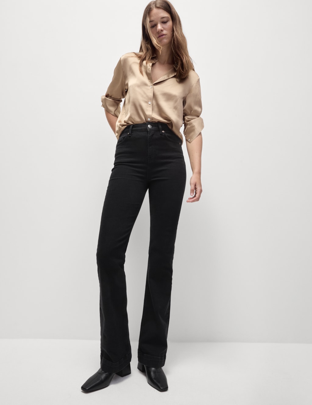 High Waisted Crease Front Slim Flare Jeans