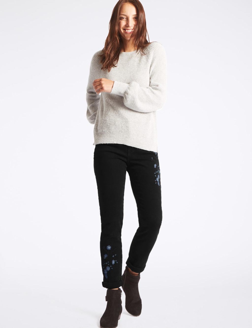 Embroidered Mid Rise Slim Leg Jeans 1 of 6