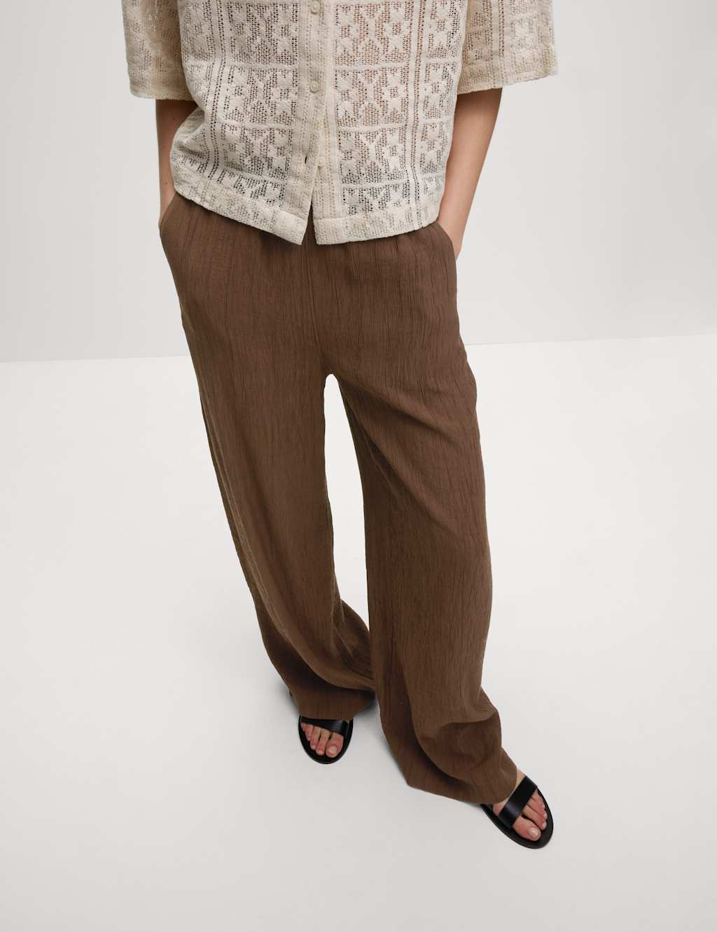 Viscose Rich Crinkle Elasticated Waist Wide Leg Trousers 4 of 6