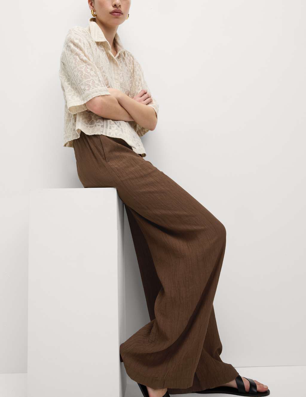 Viscose Rich Crinkle Elasticated Waist Wide Leg Trousers 5 of 6