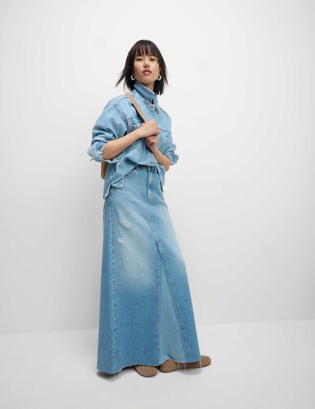 Pure Cotton Denim Maxi A Line Skirt