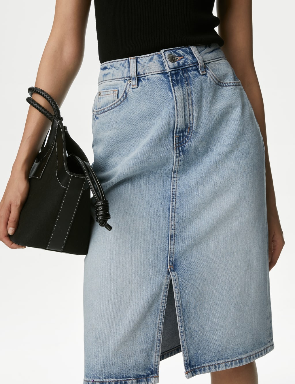 Denim Split Front Knee Length Skirt
