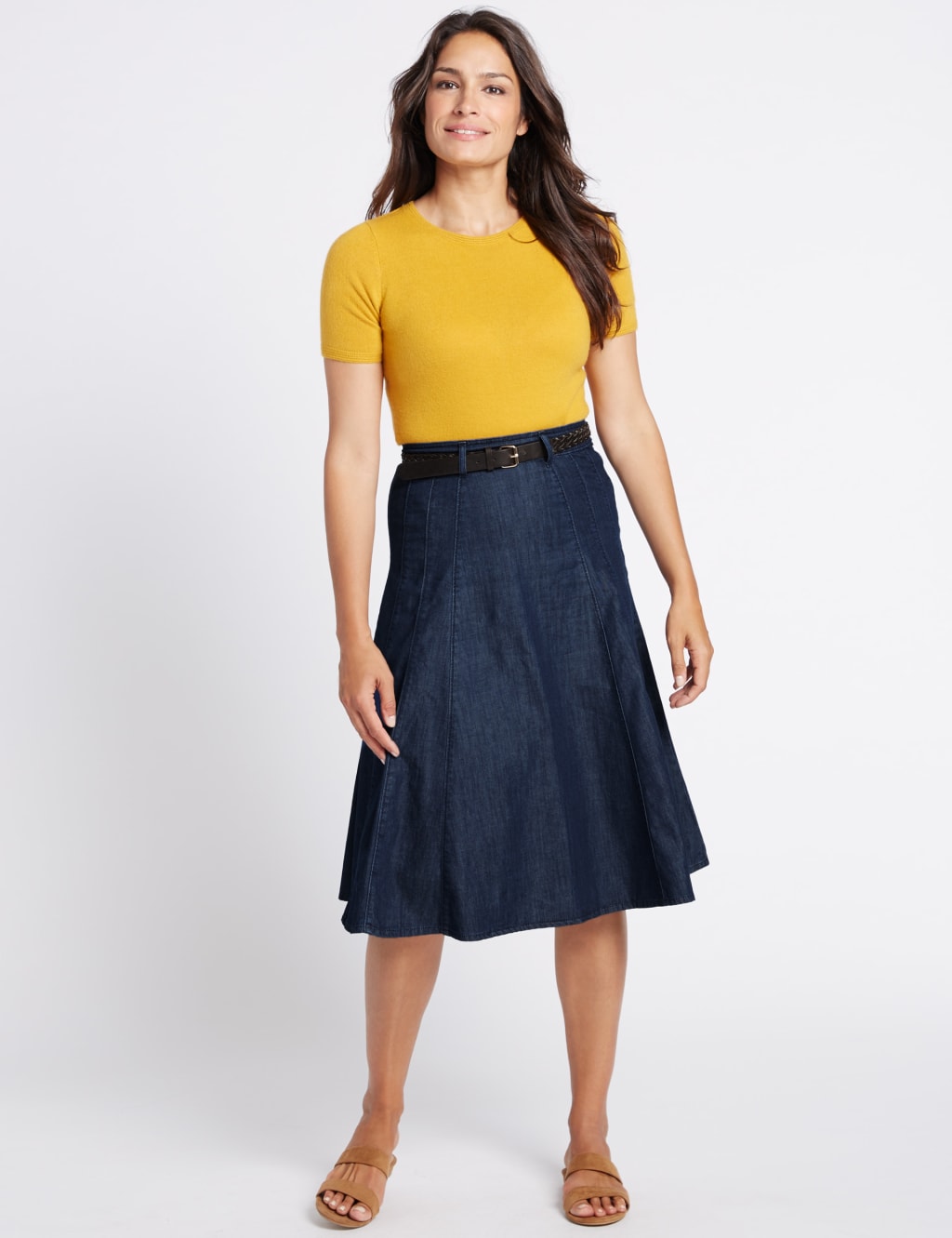 Denim Belted A-Line Midi Skirt 1 of 5