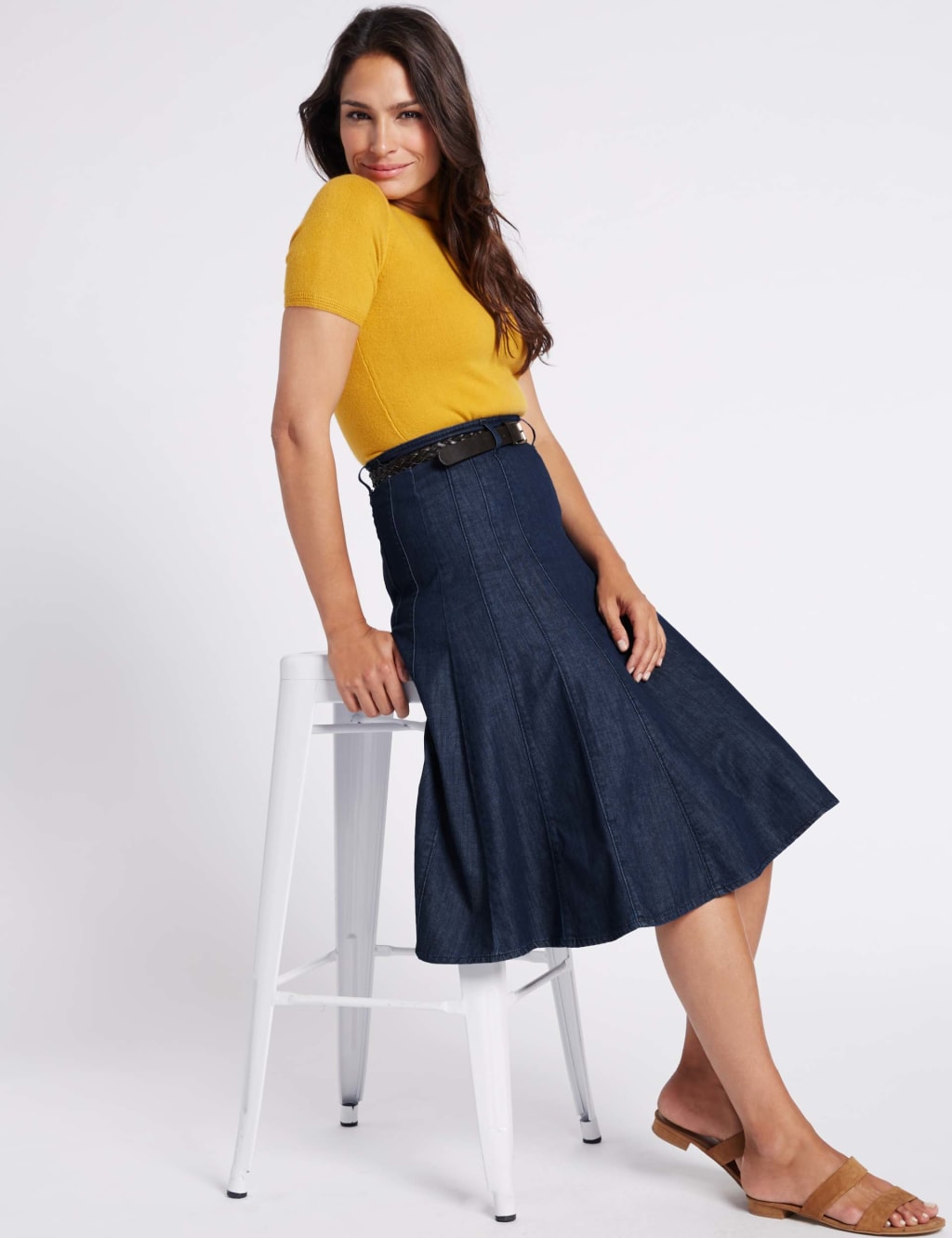 Belted a-line midi denim skirt shop