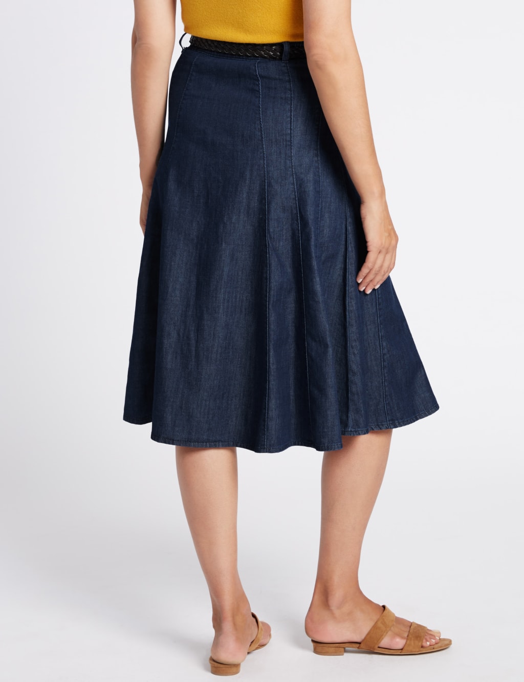 Denim Belted A Line Midi Skirt Classic M S