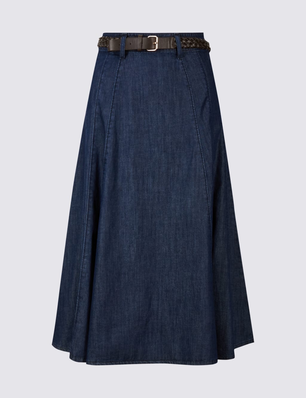 Belted a-line midi denim skirt 2025