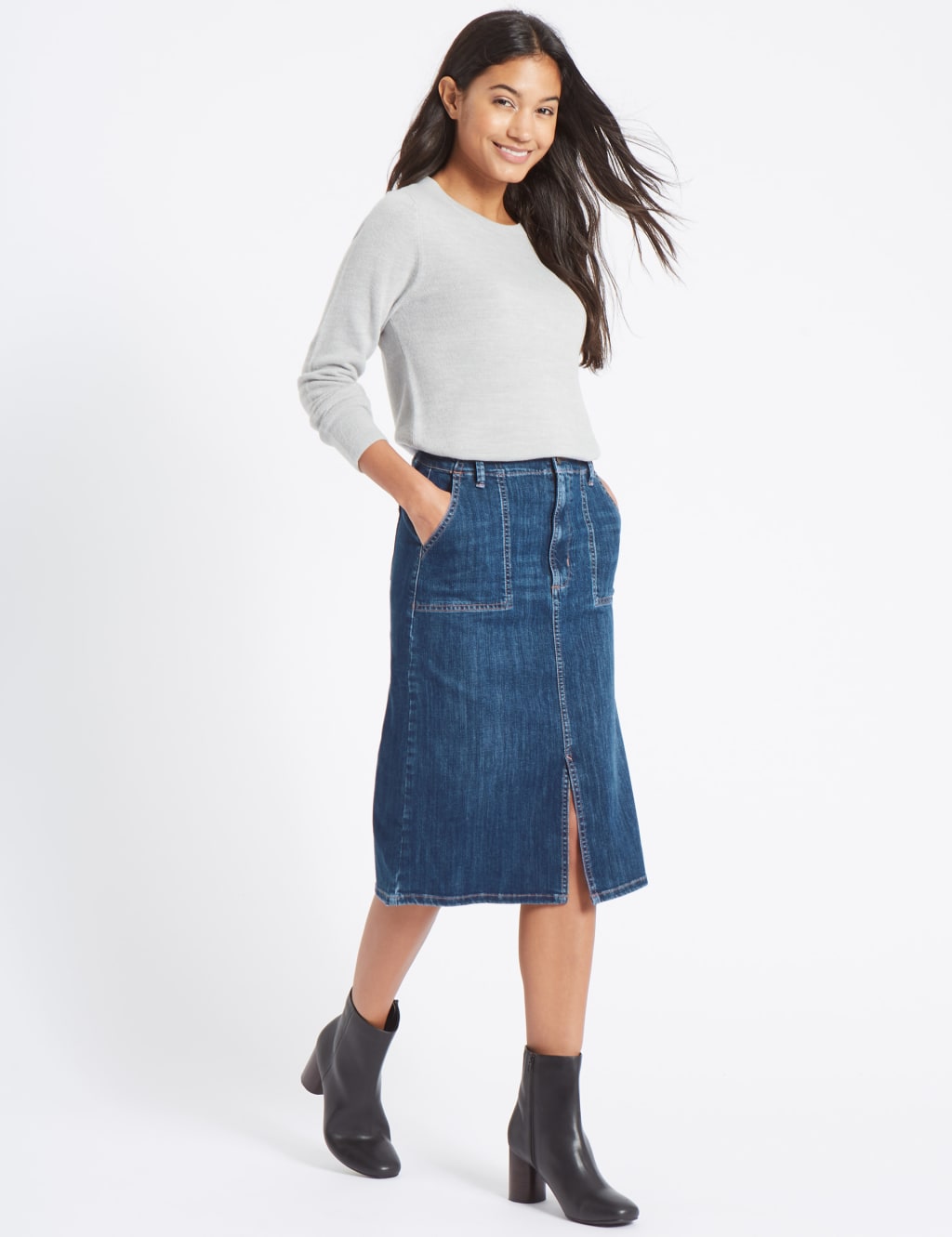 Denim Patch Pocket A Line Midi Skirt M S Collection M S