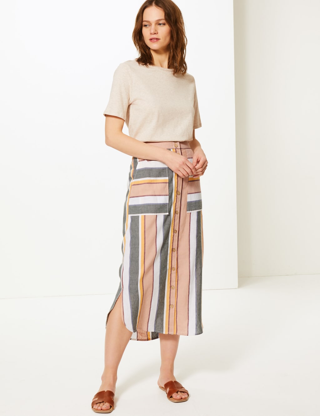 Linen Rich Striped Pencil Midi Skirt M S Collection M S