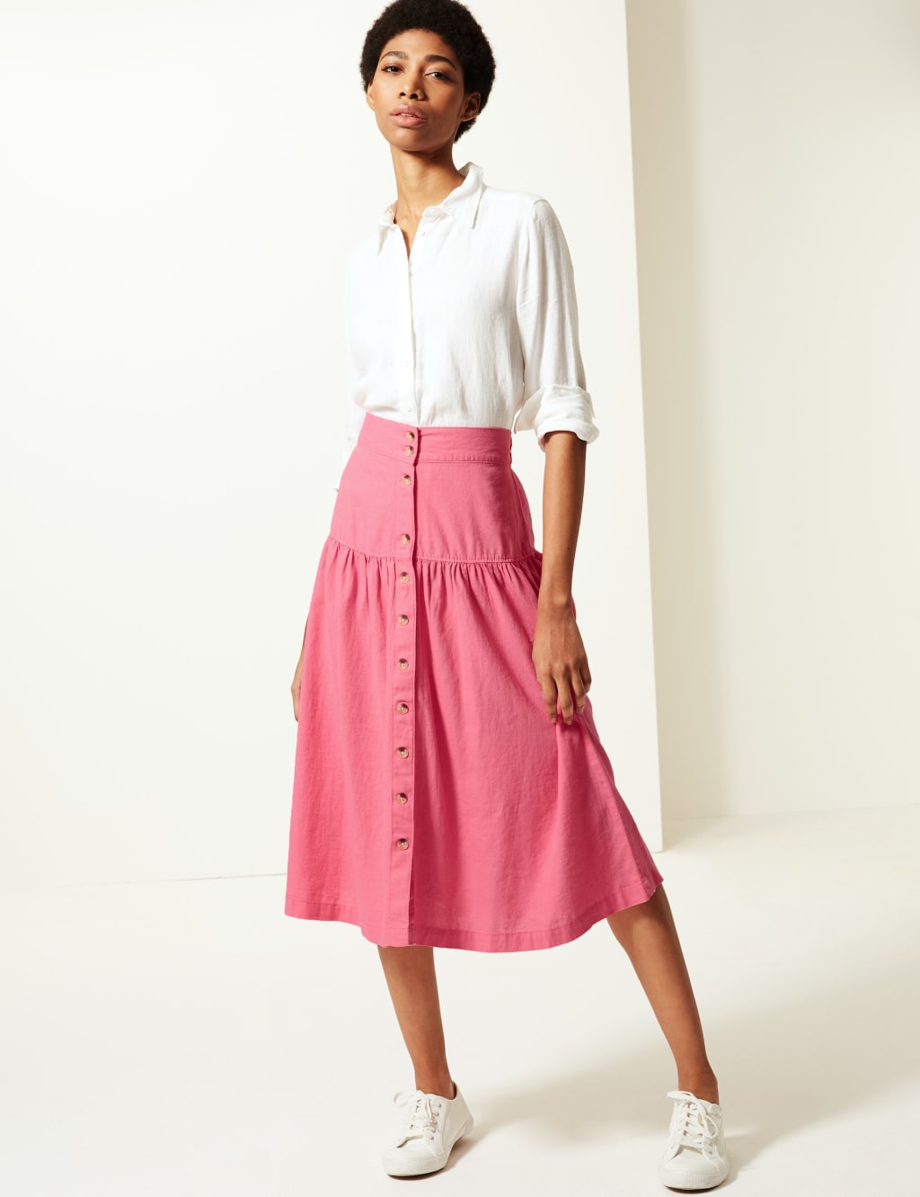 Linen Rich Button Detailed A Line Midi Skirt M S Collection M S
