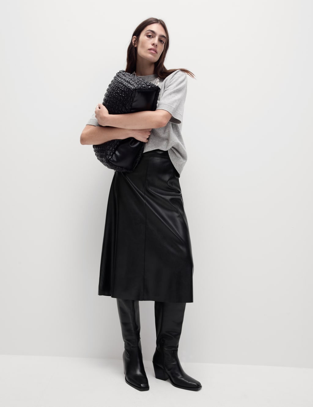 Leather Look Midi A Line Skirt