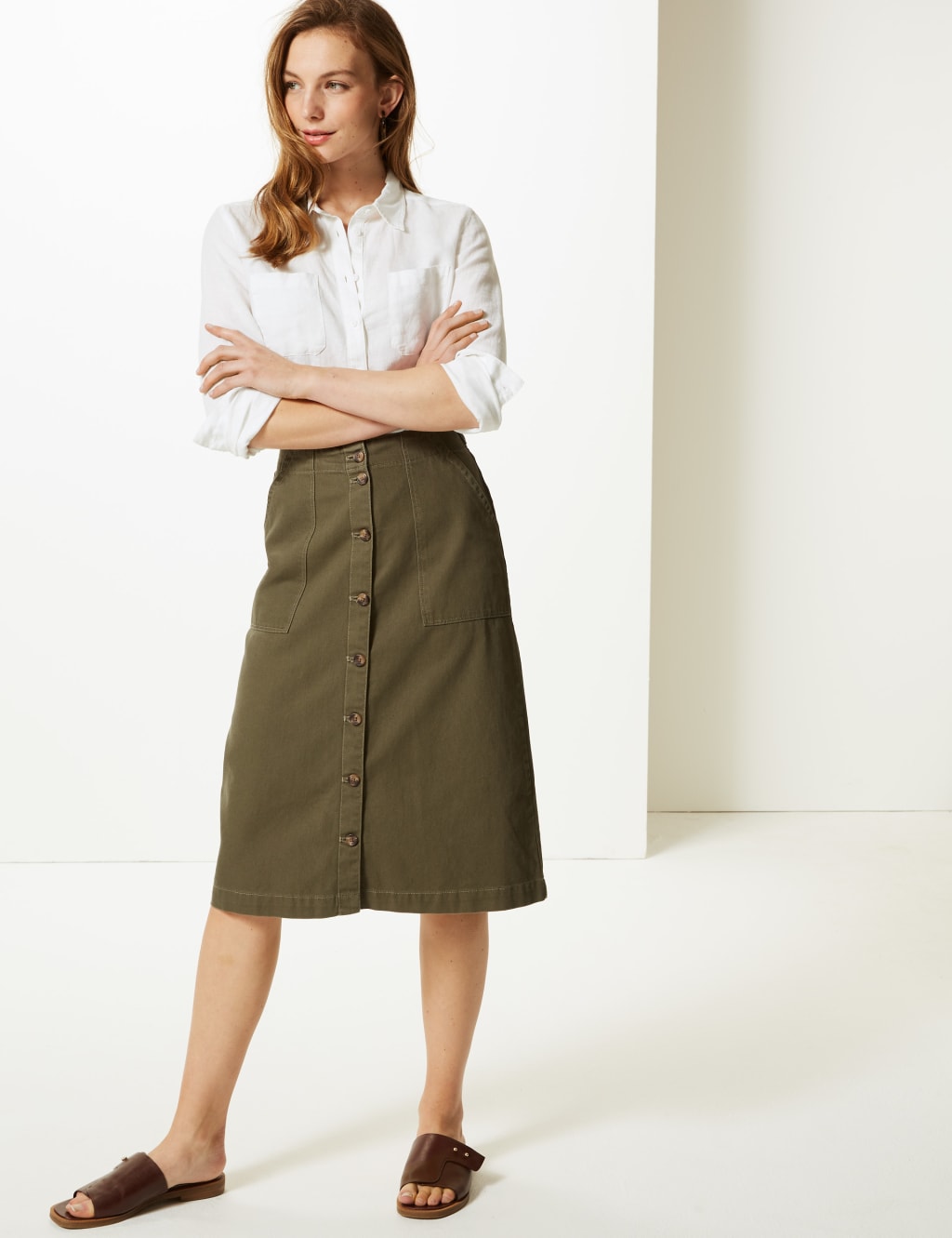 Pure Cotton A Line Knee Length Cargo Skirt M S Collection M S
