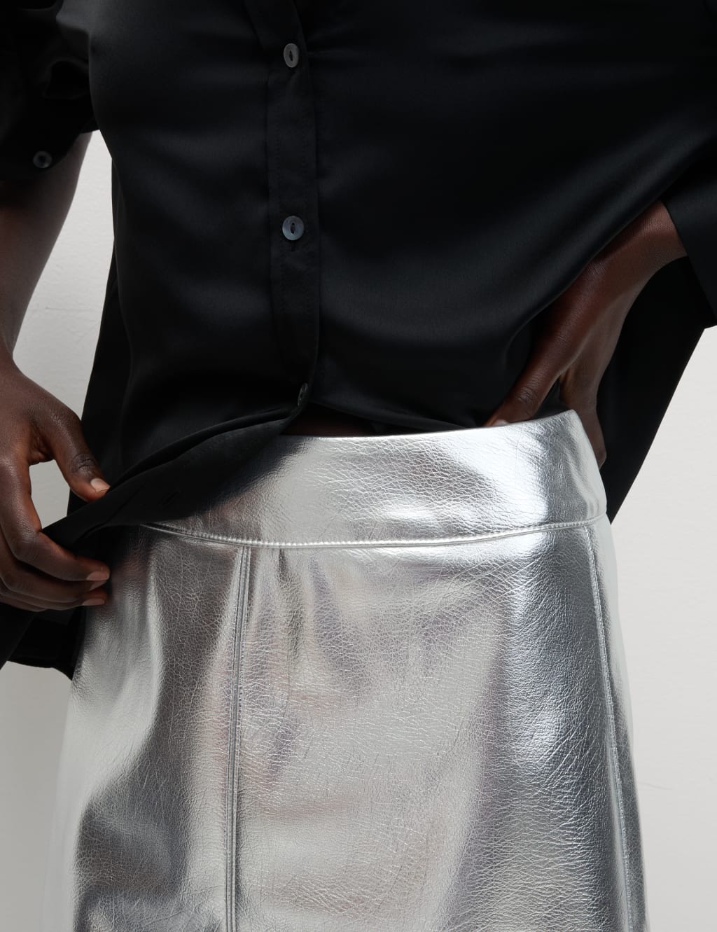 Leather Look Metallic Midi A Line Skirt