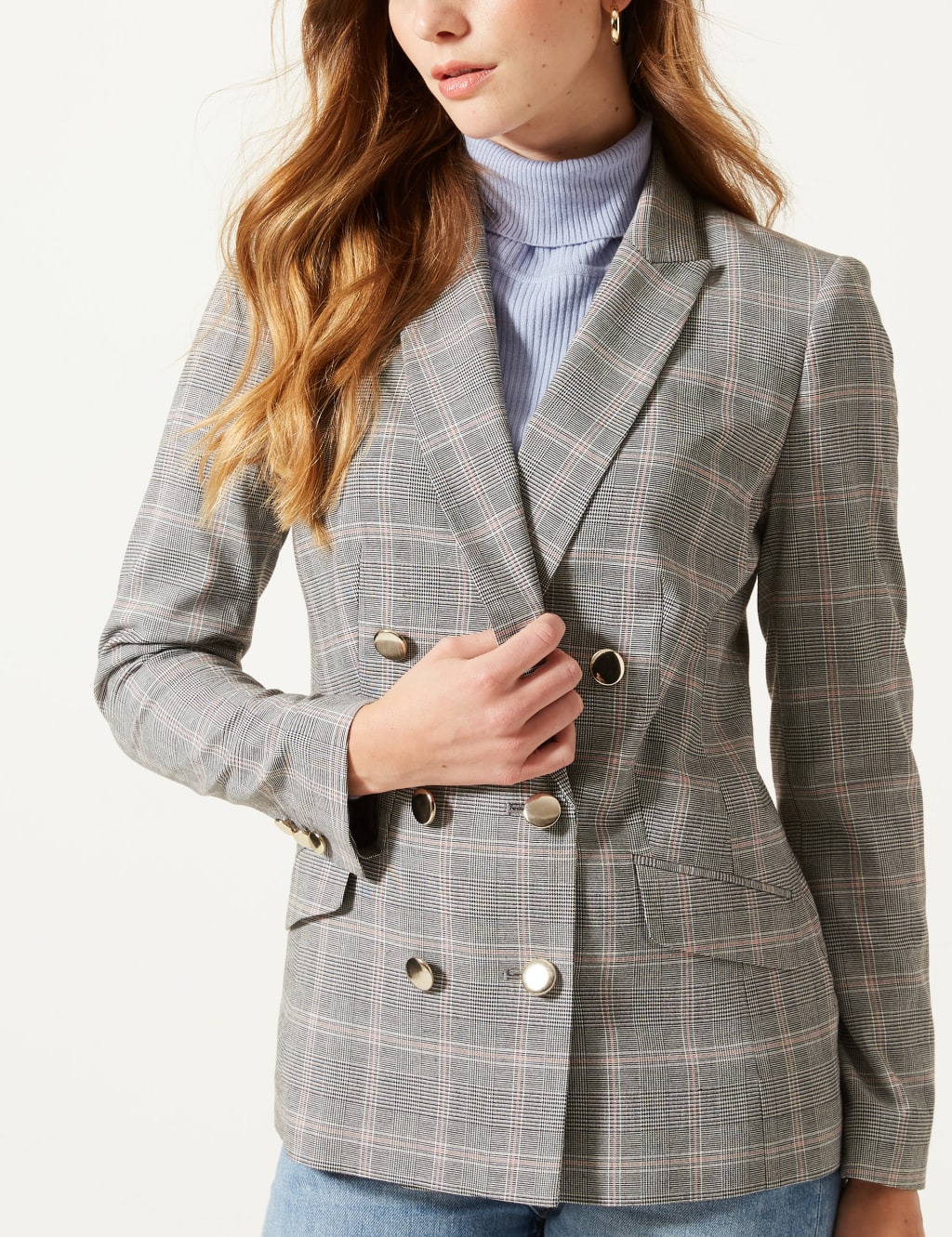 Check double breasted blazer womens hotsell